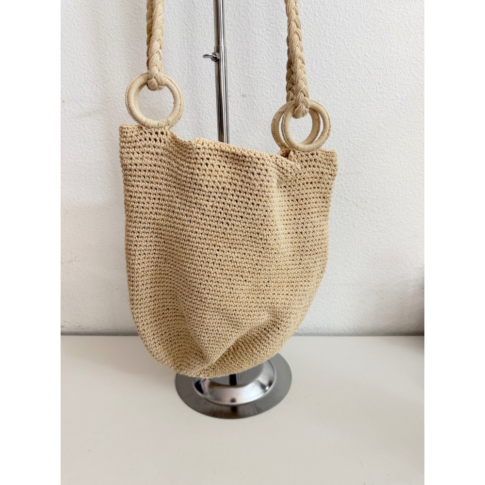 Boho Beige Crochet Shoulder Bag Braided Rope Strap Summer Beach Tote Neutral - Picture 3 of 5